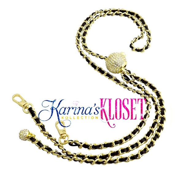 Adjustable Purse Strap, Leather Woven Chain, Gold & Black w/Crystal Ball - Picture 1 of 1
